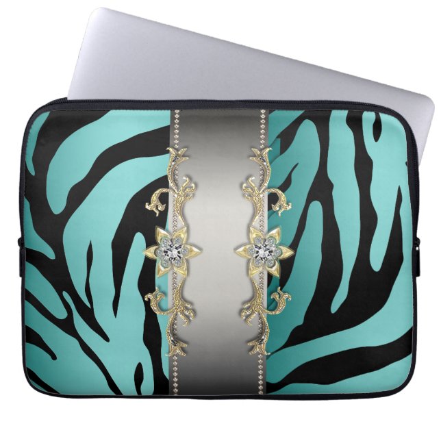 Capa Para Notebook Capinha de Laptop Zebra Azul Turquesa Prata Dourad (Frente)
