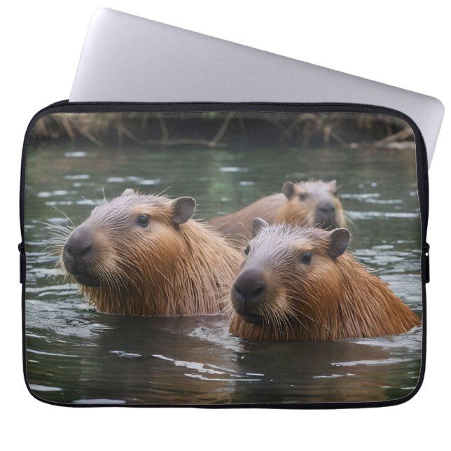 Capa Para Notebook Capybaras Nadando No Rio, (Frente)