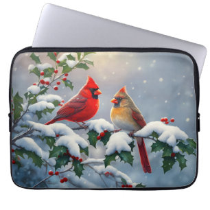 Capa Para Notebook Cardeais vermelhos e Holly na neve