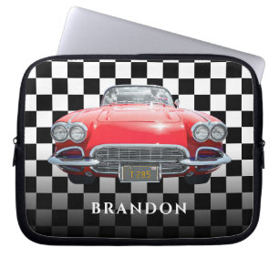 Capa Para Notebook Carro Esportivo Vermelho, Nome Branco, Xadrez Pret