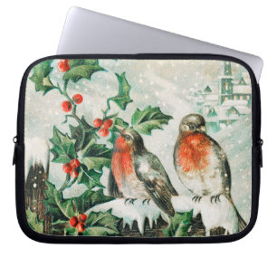 Capa Para Notebook Cartão de Natal Antigo com Pintiros, Azevinho e Ig