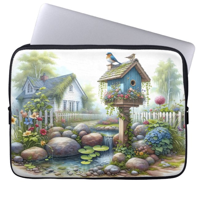 Capa Para Notebook Casa de Campo Pássaro Jardim Aquarela (Frente)