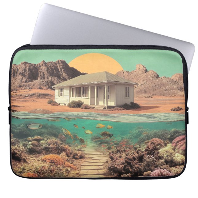 Capa Para Notebook Casa Surreal no Deserto com Recife Subaquático (Frente)
