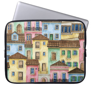 Capa Para Notebook Casas de Lisboa: Padrão Funicular de Aquarela.