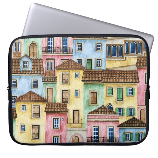 Capa Para Notebook Casas de Lisboa: Padrão Funicular de Aquarela. (Frente)