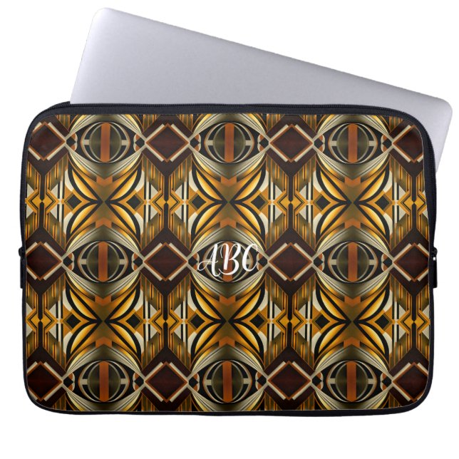 Capa Para Notebook Castanho Geométrico e Padrão Geométrico Dourado (Frente)