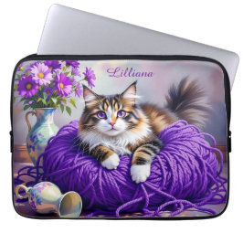 Capa Para Notebook Cat  in Purple Yarn and Flowers Personalized