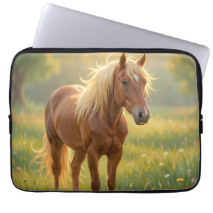 Capa Para Notebook Cavalo de Crina Dourada Prado de Flores Silvestres