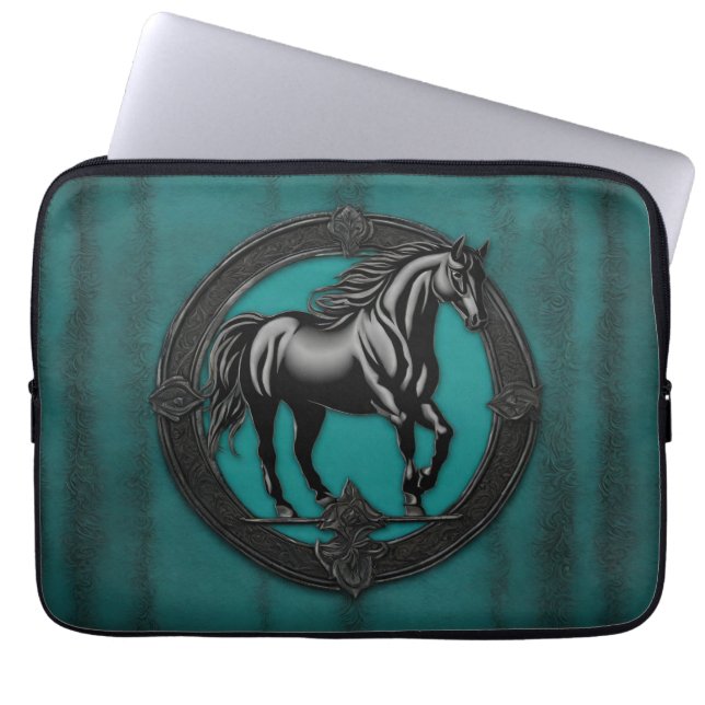 Capa Para Notebook Cavalo Negro Teal Equestre do País Ocidental (Frente)