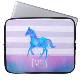 Capa Para Notebook Cavalo selvagem em azul e cor d'água púrpura