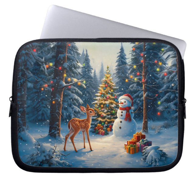Capa Para Notebook Cena da Árvore de Natal Fofo Deer Fawn Snowman (Frente)