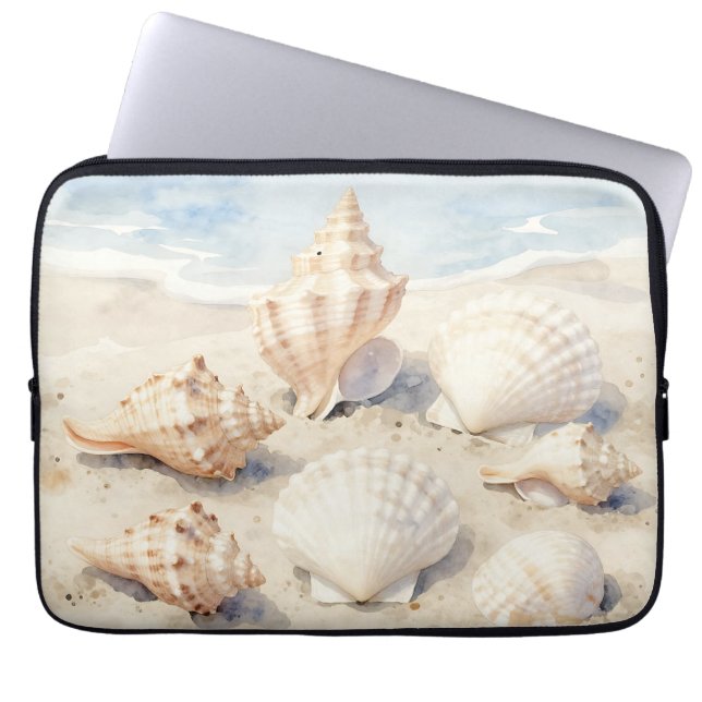 Capa Para Notebook Cena de Praia de Conchas em Aquarela (Frente)