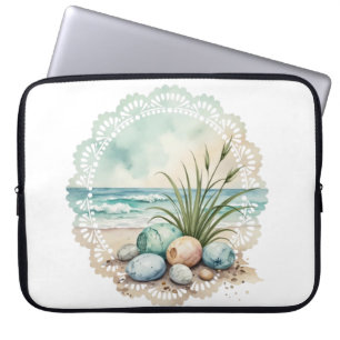 Capa Para Notebook CENA DE PRAIA EM Aquarela VERDE PASTEL E MARROM CL