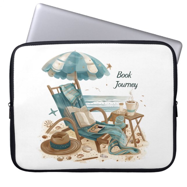 CAPA PARA NOTEBOOK CENA DE PRAIA TRANQUILA COM LIVROS CADEIRA COBERTO (Frente)