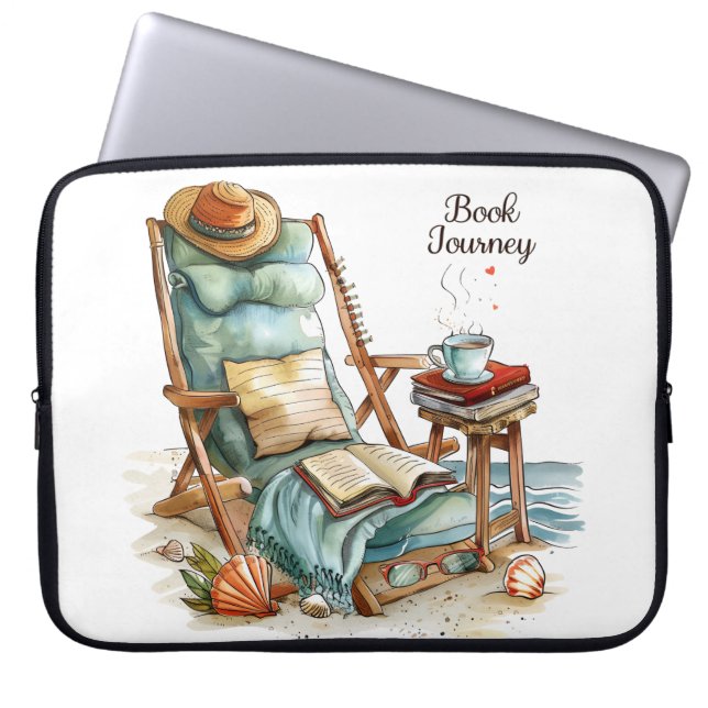 CAPA PARA NOTEBOOK CENA DE PRAIA TRANQUILA COM LIVROS CADEIRA COBERTO (Frente)