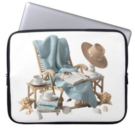 CAPA PARA NOTEBOOK CENA DE PRAIA TRANQUILA COM LIVROS CADEIRA COBERTO