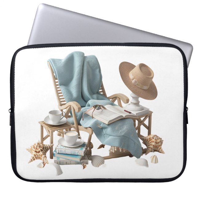 CAPA PARA NOTEBOOK CENA DE PRAIA TRANQUILA COM LIVROS CADEIRA COBERTO (Frente)