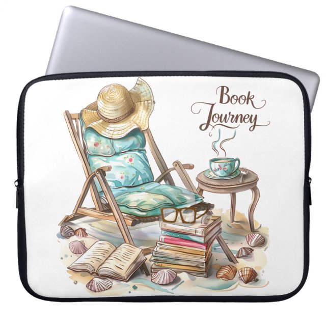 CAPA PARA NOTEBOOK CENA DE PRAIA TRANQUILA COM LIVROS CADEIRA COBERTO (Frente)
