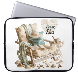 CAPA PARA NOTEBOOK CENA DE PRAIA TRANQUILA COM LIVROS CADEIRA COBERTO