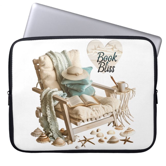 CAPA PARA NOTEBOOK CENA DE PRAIA TRANQUILA COM LIVROS CADEIRA COBERTO (Frente)