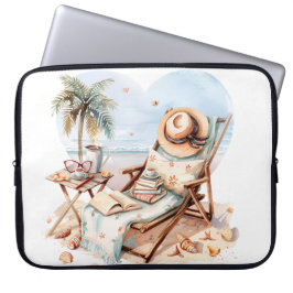 CAPA PARA NOTEBOOK CENA DE PRAIA TRANQUILA COM LIVROS CADEIRA COBERTO