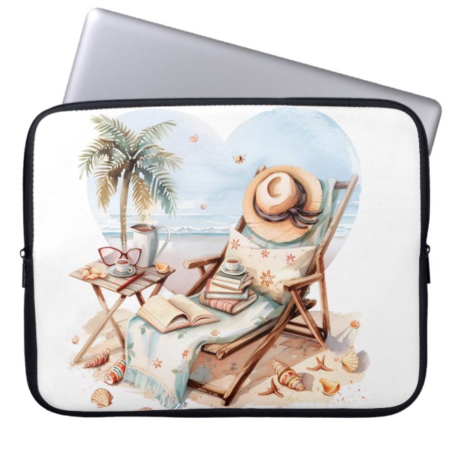 CAPA PARA NOTEBOOK CENA DE PRAIA TRANQUILA COM LIVROS CADEIRA COBERTO (Frente)