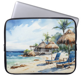 Capa Para Notebook CENA LATERAL DE PRAIA TROPICAL EM Aquarela