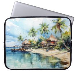 Capa Para Notebook CENA LATERAL DE PRAIA TROPICAL EM Aquarela