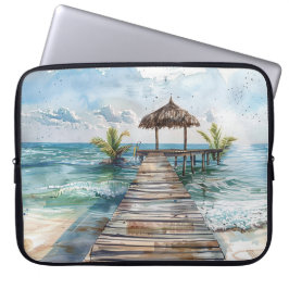 Capa Para Notebook CENA LATERAL DE PRAIA TROPICAL EM Aquarela