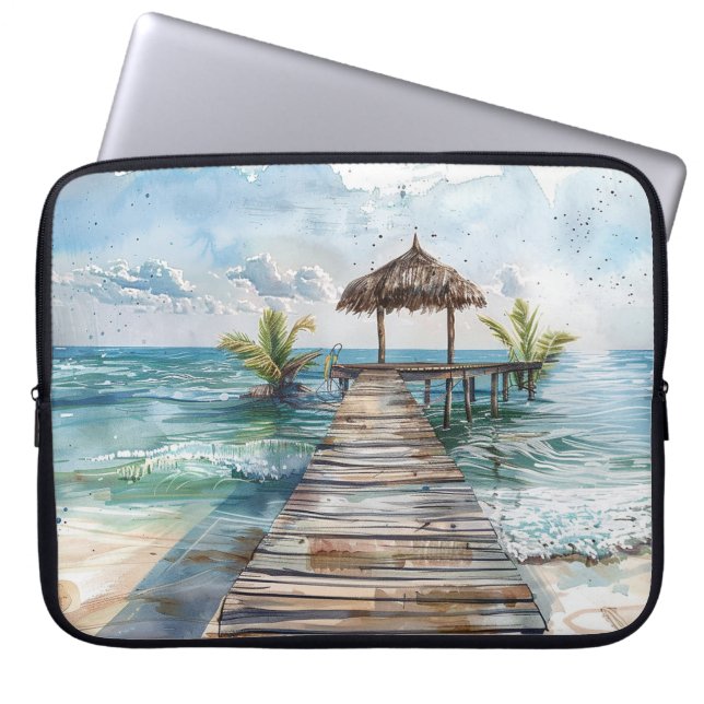 Capa Para Notebook CENA LATERAL DE PRAIA TROPICAL EM Aquarela (Frente)