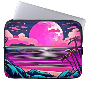 Capa Para Notebook Cenário de Praia Neon com Lua Rosa