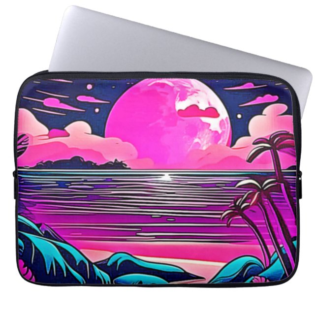 Capa Para Notebook Cenário de Praia Neon com Lua Rosa (Frente)