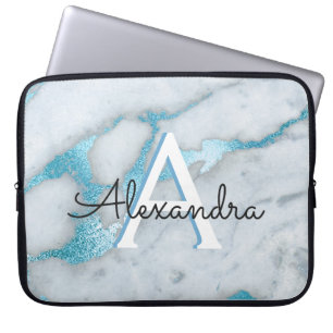 Capa Para Notebook Cerceta azul e Monogrammed de mármore branco