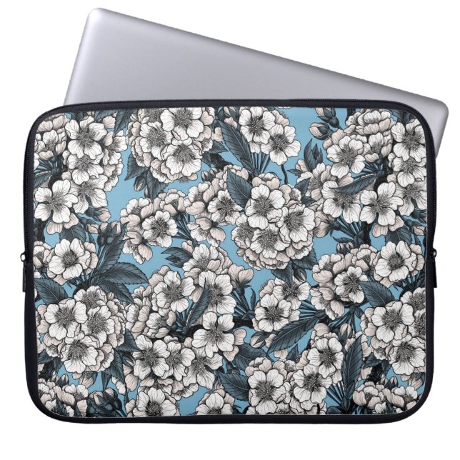 Capa Para Notebook Cereja floresce em branco e azul (Frente)