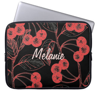 Capa Para Notebook Cerejas e Folhas Vermelhas em Preto Personalizado