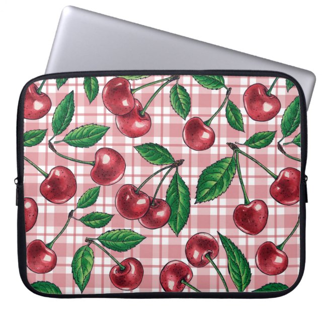 Capa Para Notebook Cerejas vermelhas em gingham rosa (Frente)