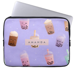 Capa Para Notebook Chá de bolhas de Pastel roxo, de cor branca person