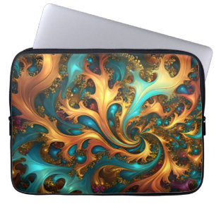 Capa Para Notebook Chama de Cor: Teal, Dourada, dança Fractal Laranja