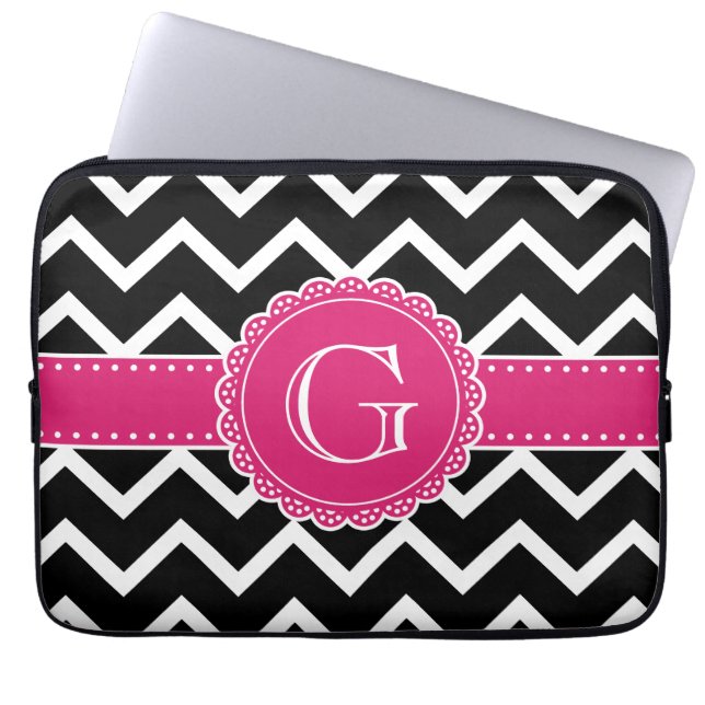 Capa Para Notebook Chevon Preto de Monograma com Flor Rosa Quente (Frente)