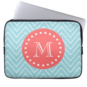 Capa Para Notebook Chevron azul e coral com monograma feito sob