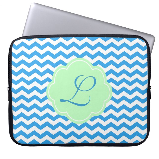Capa Para Notebook Chevron azul, forma verde clara, monograma (Frente)
