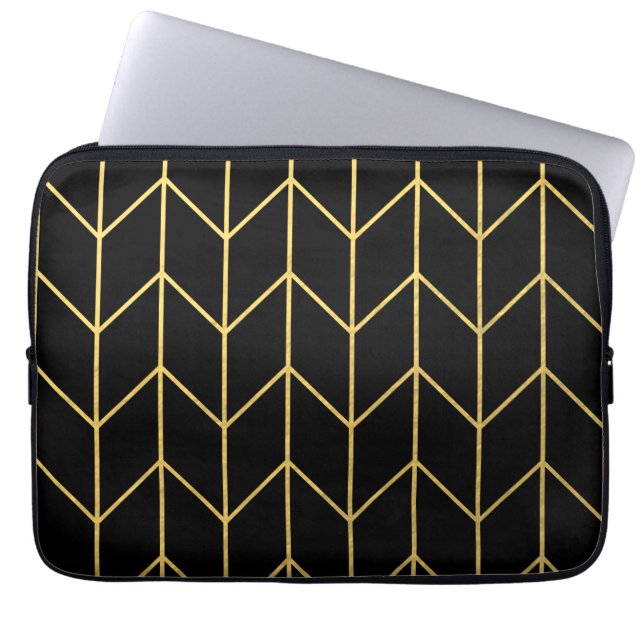 Capa Para Notebook Chevron Dourado no chique moderno do fundo preto (Frente)