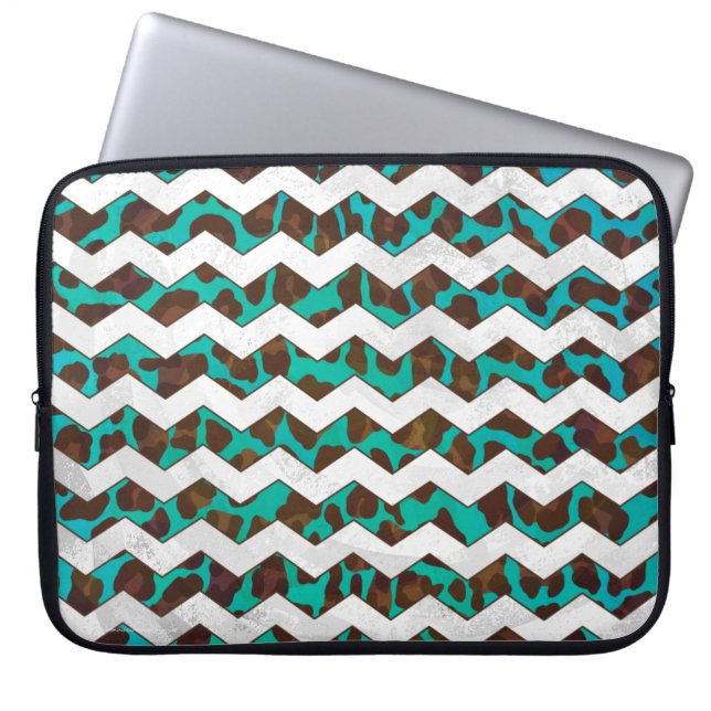 Capa Para Notebook Chevron Leopard Brown e Teal Impressão (Frente)