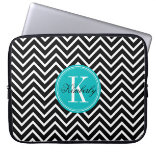 Capa Para Notebook Chevron preto e branco com monograma da cerceta