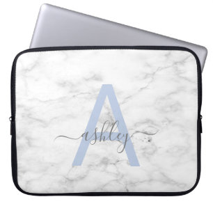 Capa Para Notebook Chic French Blue White Marble Script Nome Monogram