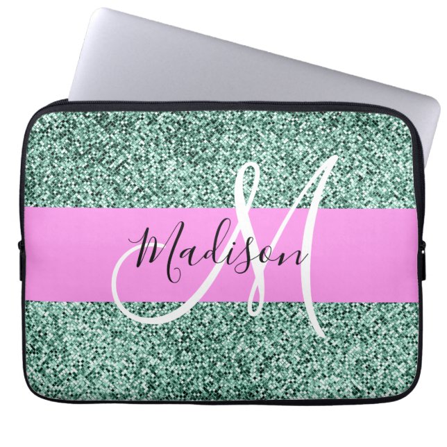 Capa Para Notebook Chic Glam Rosa Verde Brilho Brilhar Nome Monograma (Frente)
