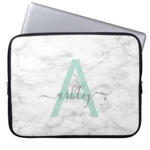Capa Para Notebook Chic Neo Mint White Marble Script Name Monograma