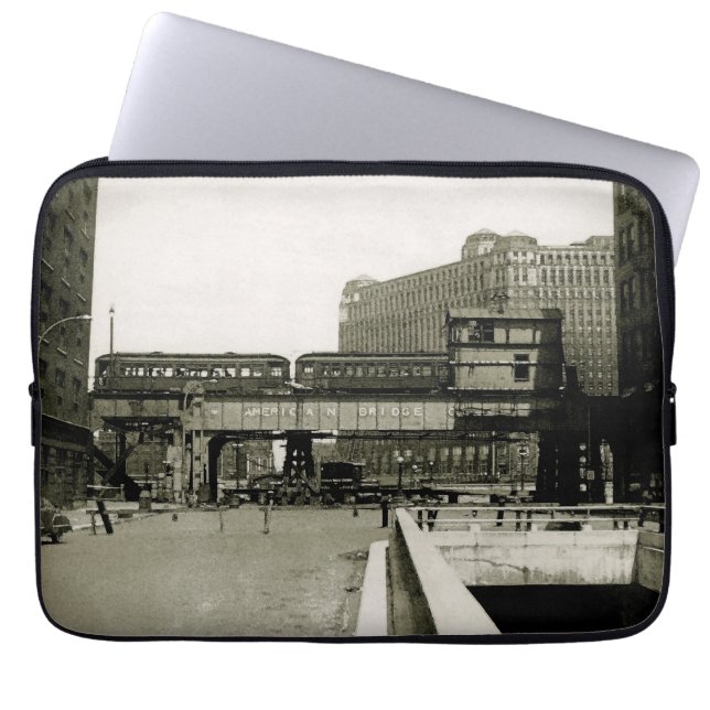 CAPA PARA NOTEBOOK CHICAGO MERCHANDISE MART TROLLEY TRAIN WATERCOLOR (Frente)