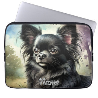 Capa Para Notebook Chihuahua de Cabelo Longo Negro em Watercolor