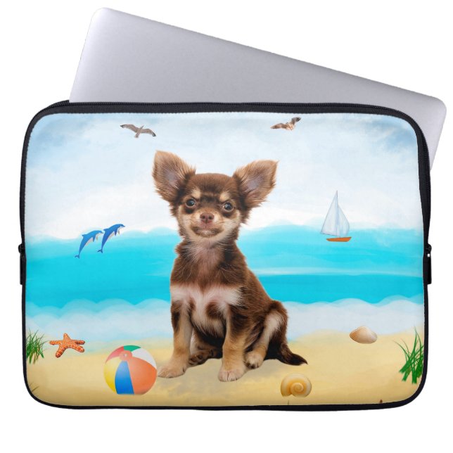 Capa Para Notebook Chihuahua Dog na praia (Frente)